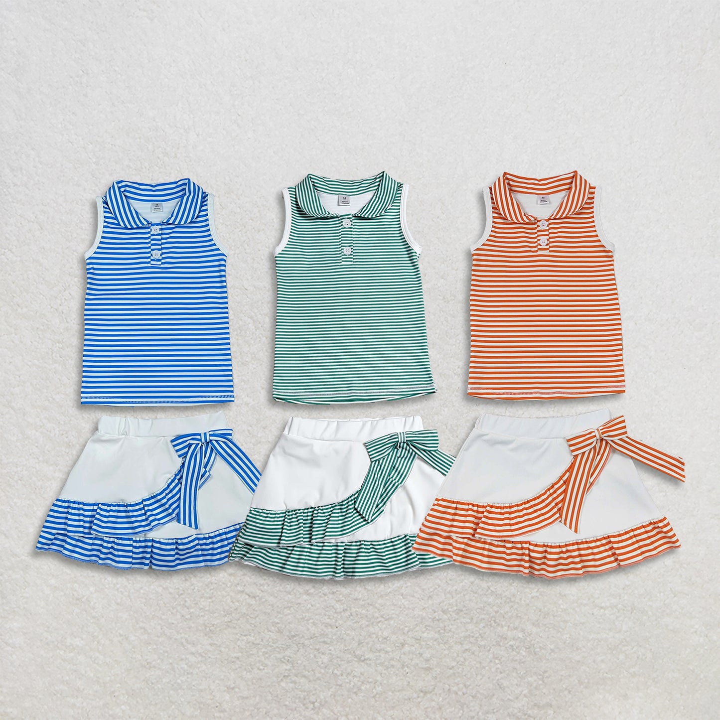 RTS NO MOQ Sibling yoga fabric Baby Girls Cute Stripe Button Vest Ruffle Short Skirt Yoga Active Set