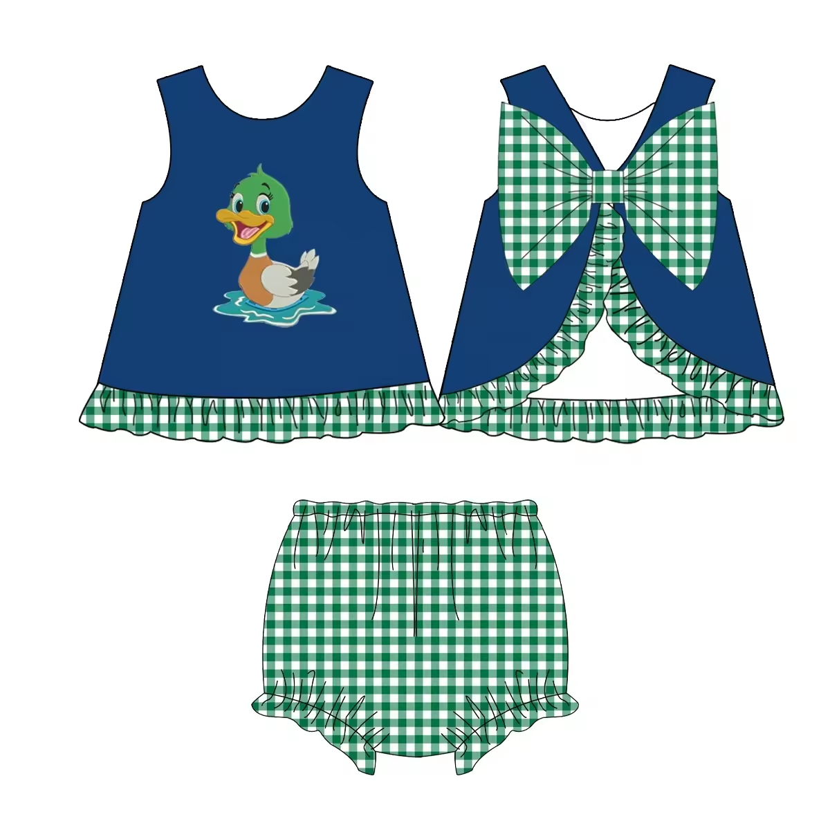 5.16custom each style moq 5eta 4-5week Sibling Sister DUCK print green plaid blue girls and boys outfits and baby romper match family design