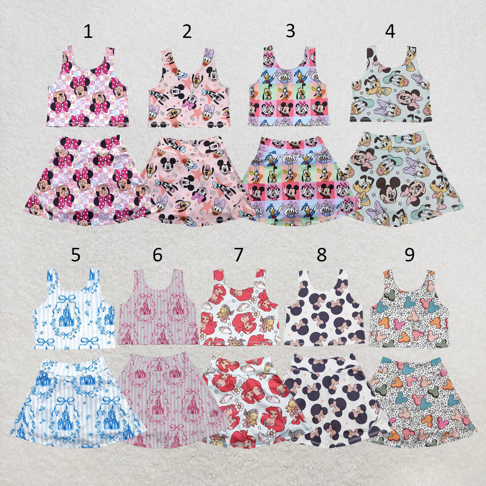RTS NO MOQ Sibling yoga fabric Cute Clothes Baby Girls Flowers Bows Sleeveless Vest Yoga Skort Two Piece Suits