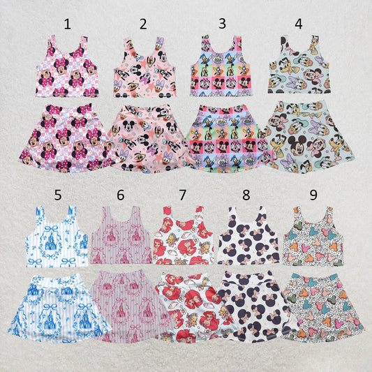 RTS NO MOQ Sibling yoga fabric Cute Clothes Baby Girls Flowers Bows Sleeveless Vest Yoga Skort Two Piece Suits