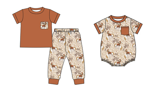 4.28 custom each style moq 5eta 4-6week Sibling Sisters riding horse baby boy short sleeve pants sets and rompers match family design