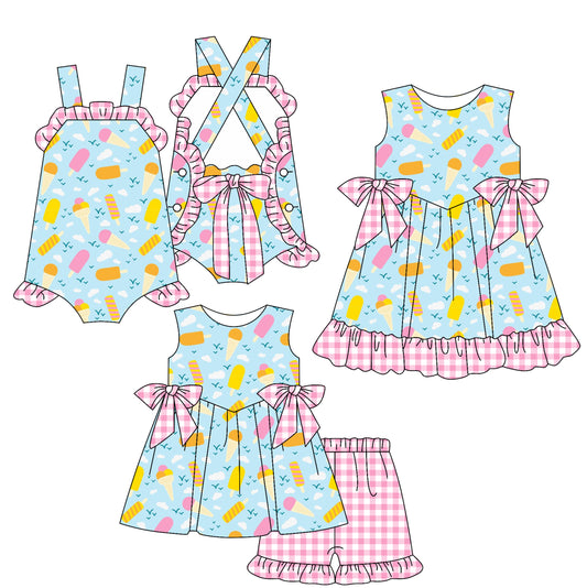 2.17 custom each style moq 5eta 4-6week Sibling Sisters baby girl short sleeve shorts sets and dress and rompers match family design