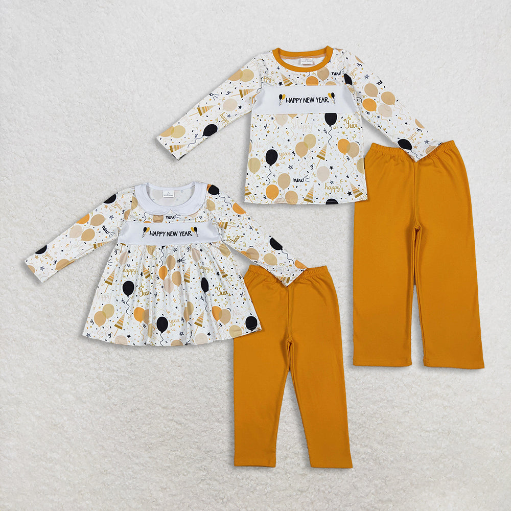 RTS NO MOQ Sibling baby Boys girl clothes embroidery happy new year long-sleeved pants sets clothes