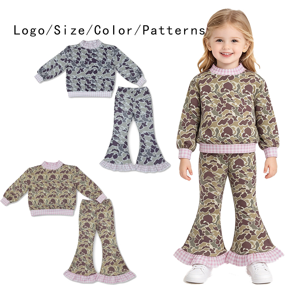 RTS NO MOQ Sibling milk silk Baby Girls Camo Print Long Sleeve Top With Pink Gingham Trim And Ruffle Bell Bottom Pants Set