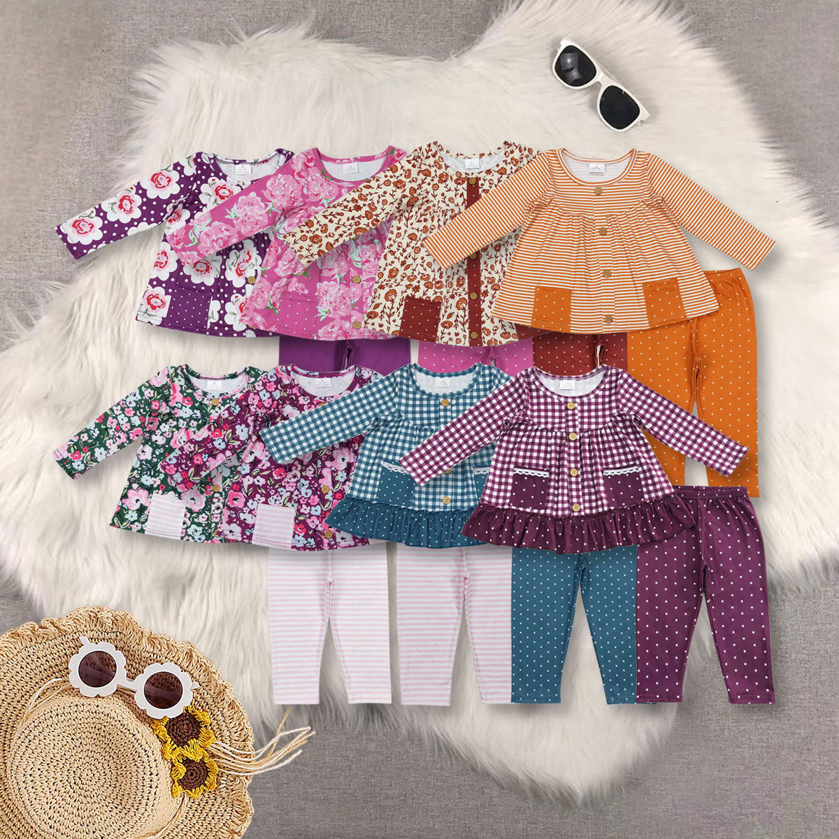 RTS NO MOQ Sibling baby girl clothes long-sleeved pink and white striped trouser suit with flower pockets