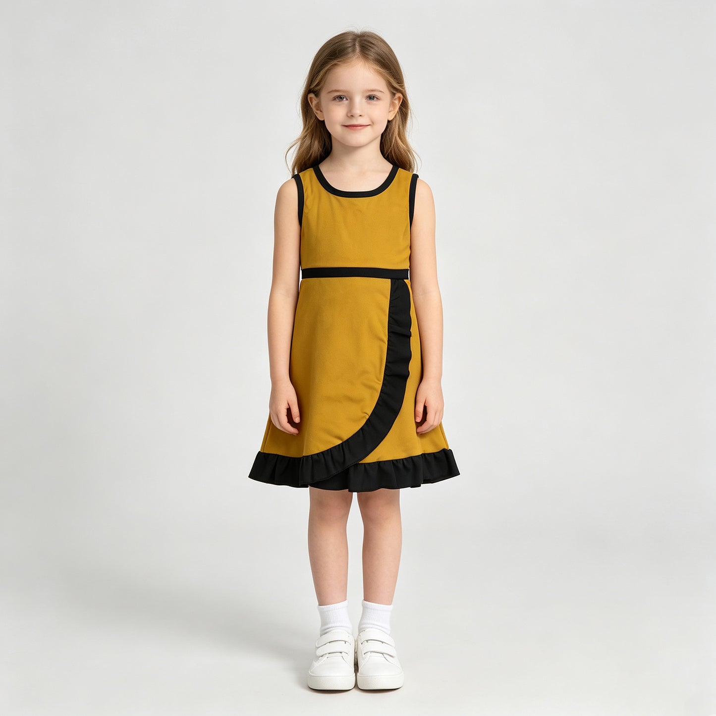 RTS NO MOQ yoga fabric cotton GSD4134 Yoga BBaby Girls Gold Black Sleeveless Yoga Active Short Knee Length Dress