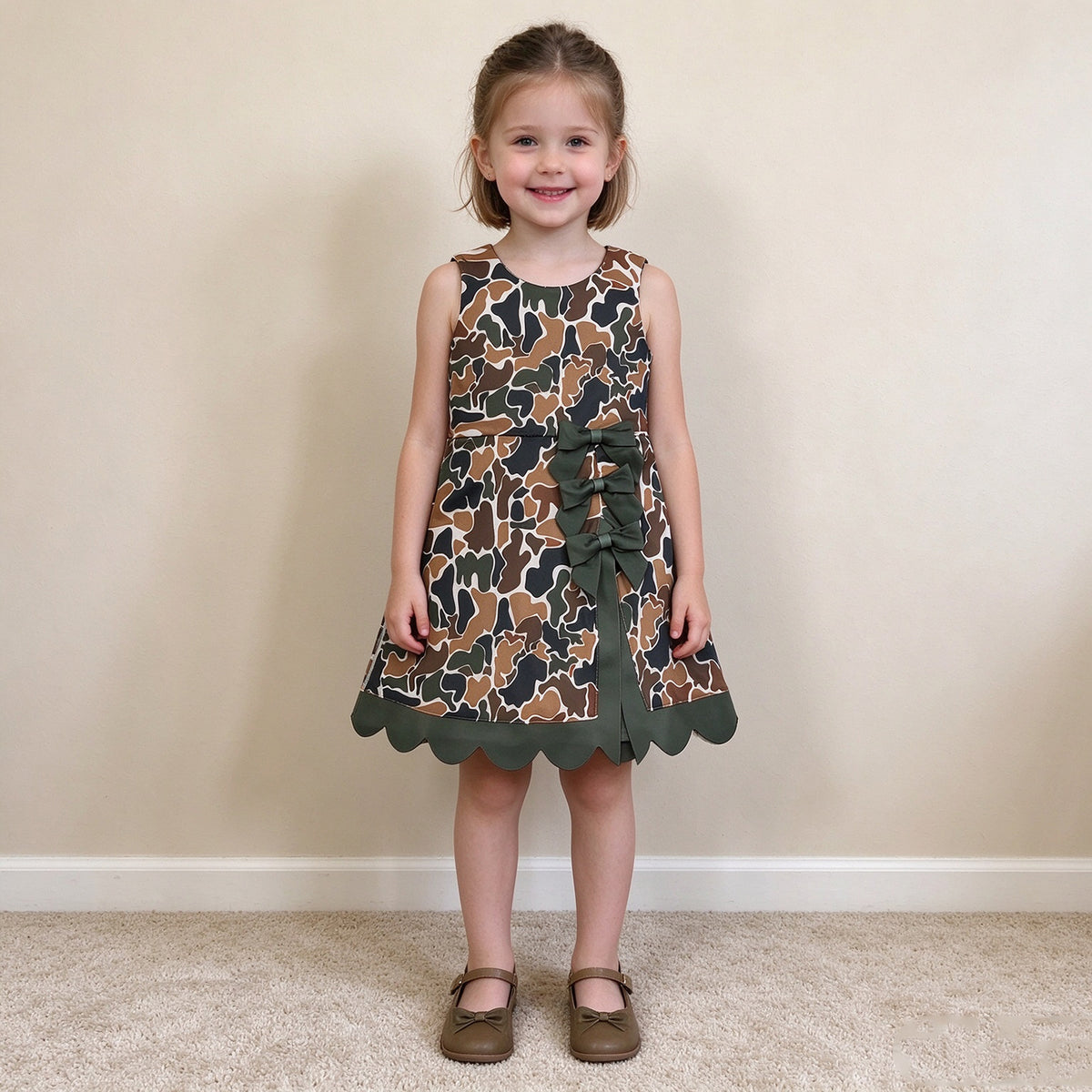 NEW RTS NO MOQ yoga fabric GSD4229 Baby Girls Dark Brown Camo Scallop Knee Length Sport Dress
