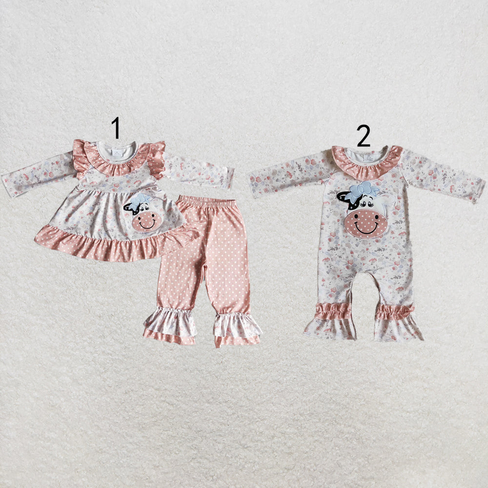 RTS NO MOQ Sibling milk silk Embroidery Baby Girls Pink Floral Cow Long Sleeve Top Legging Sets Romper