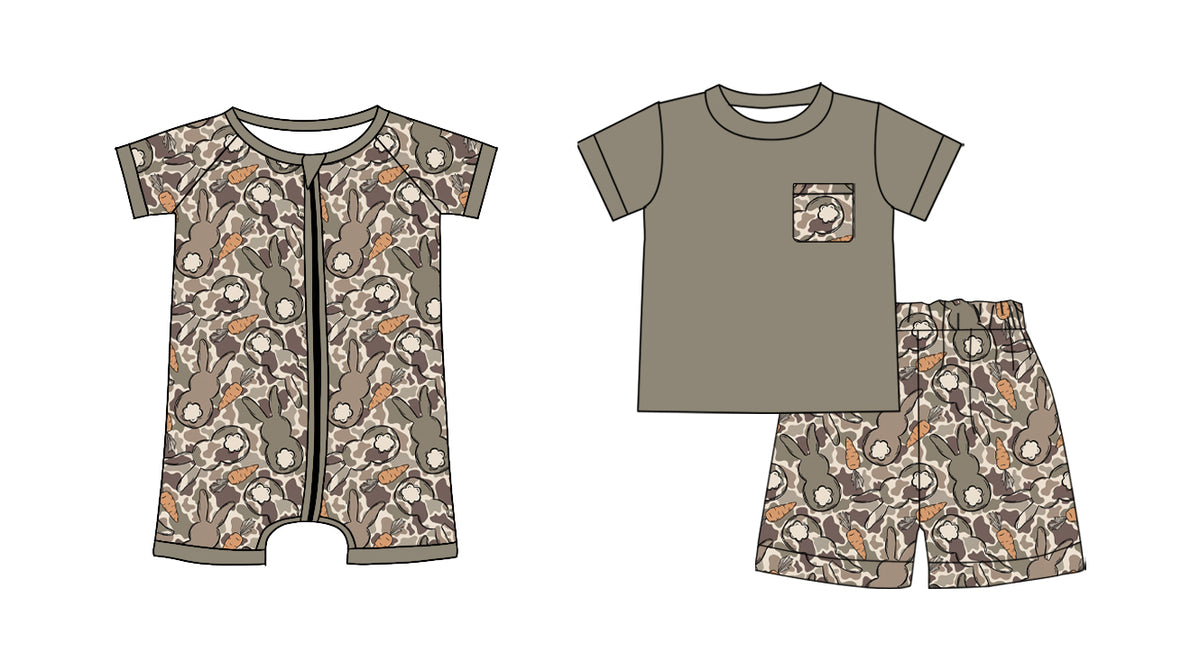 (Preorder new) No moq Baby Boys Easter Bunny Carrot Camo Print Short Sleeve Zip Romper And Pocket Tee Shorts Toddler Outfit Set