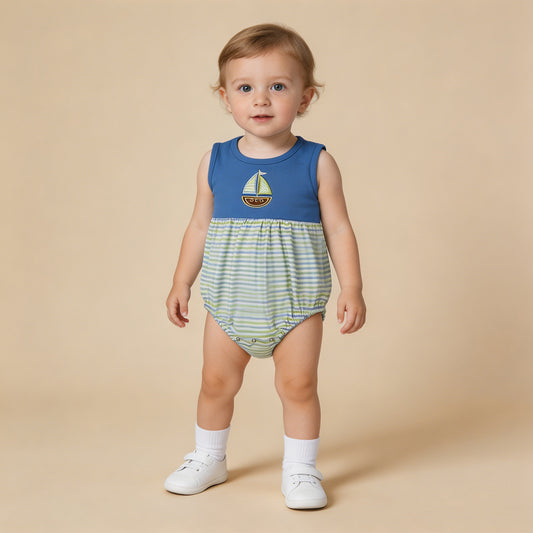 RTS NO MOQ milk silk SR3892 Baby Boys Sleeveless Stripe Embroidery Boat Baby Rompers