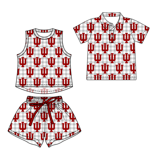 Custom moq 5 mix size milk silk summer teams Girls Sleeveless Checked Grey Top And Short Sets Boys Checked Short Sleeve Button Polo Shirt Top