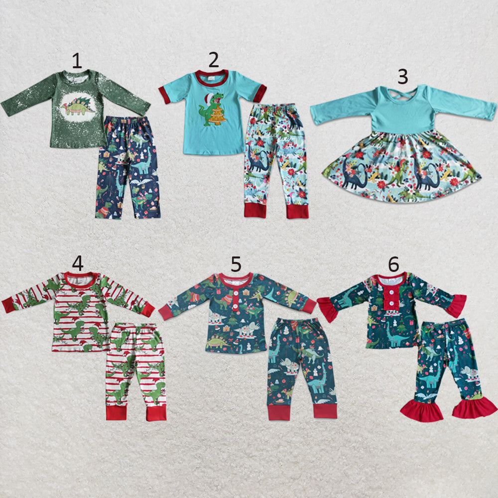 RTS NO MOQ Sibling milk silk Baby Boys Dinosaur Long Sleeve Tops Pants Daily Clothes Sets Girls Dress