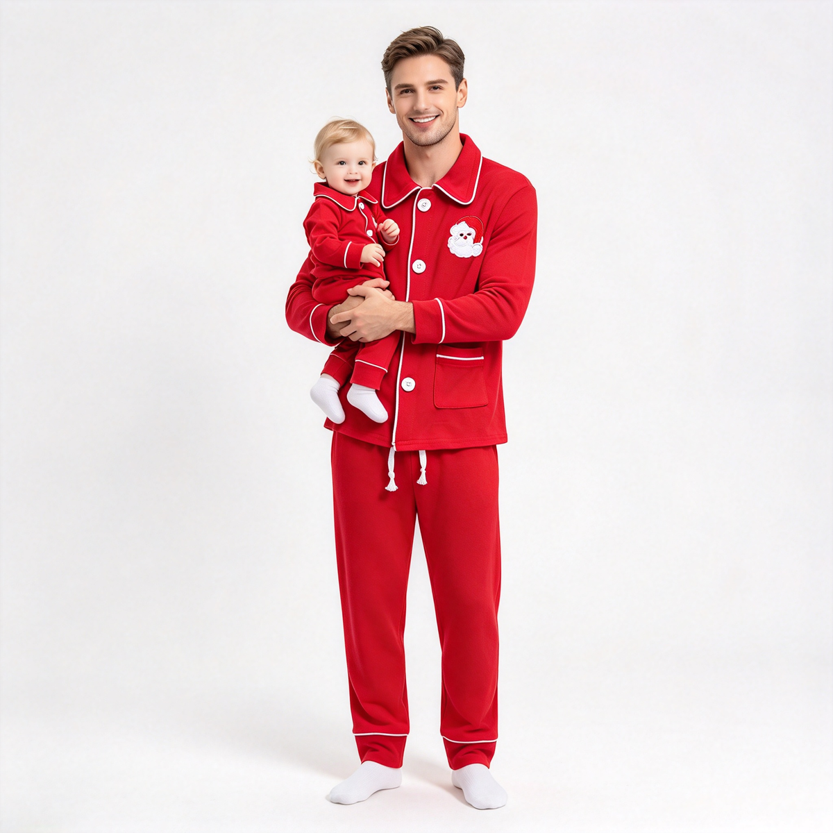RTS NO MOQ Sibling milk silk Adult And Kids Red Christmas Pajama Set Zipper Romper Collared Button Sleepwear With Santa Embroidery