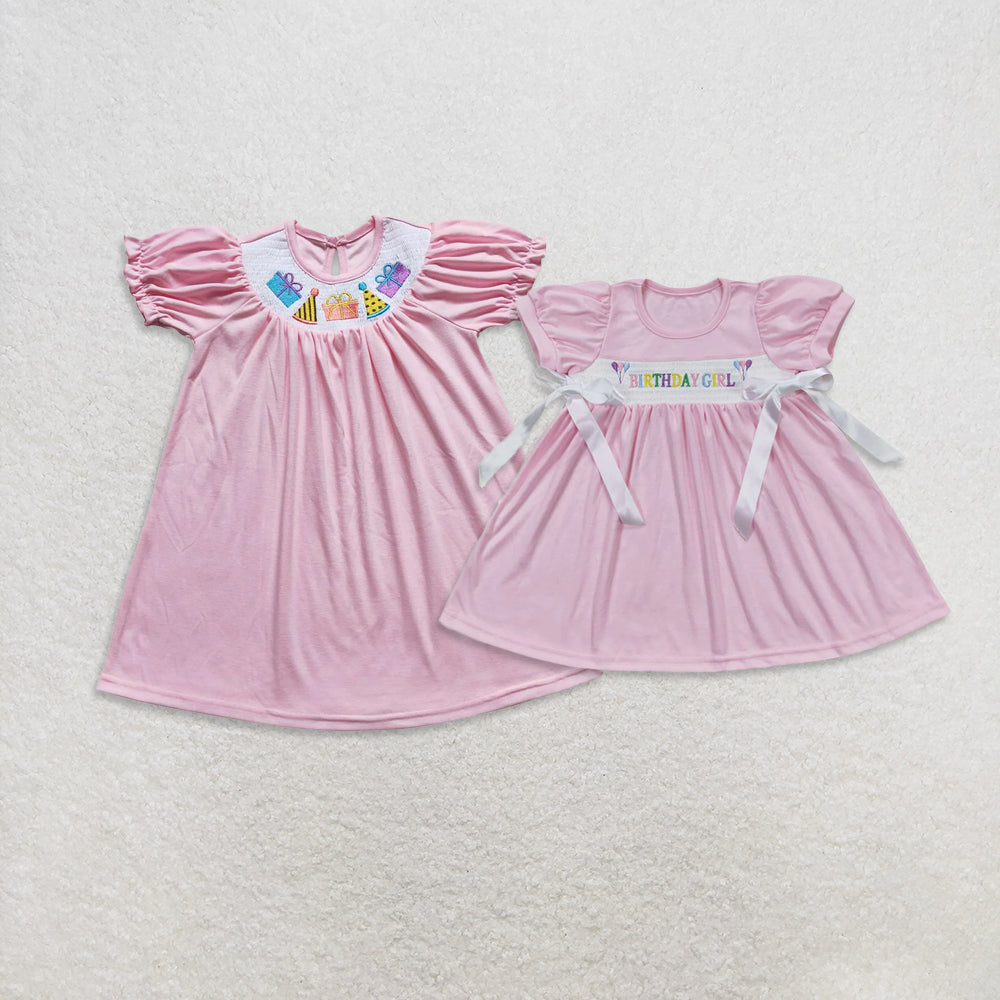 RTS NO MOQ Sibling baby girl clothes Gift Box-Birthday Hat-Cake Pattern Short Sleeve Dresses