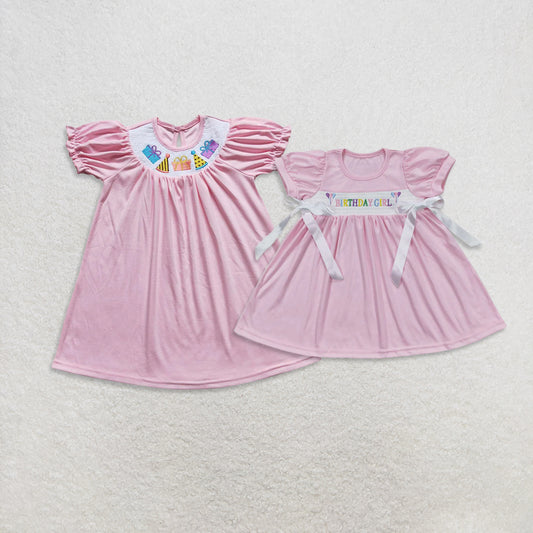 RTS NO MOQ Sibling baby girl clothes Gift Box-Birthday Hat-Cake Pattern Short Sleeve Dresses