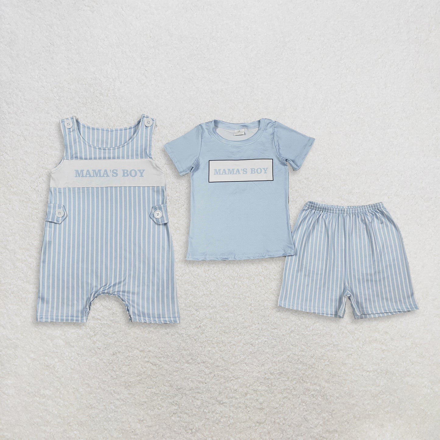 RTS NO MOQ milk silk Sibling Baby Boys Mama's Boy Light Blue Striped Two Piece Clothes Set Rompers