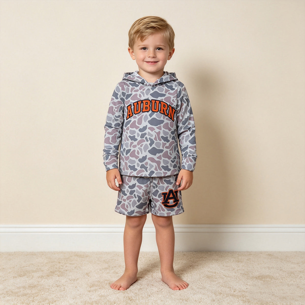 NEW RTS NO MOQ milk silk BLS0041 Baby Boys Grey Camo Letter Print Long Sleeve Hoodie Casual Shorts Team Daily Clothes Set