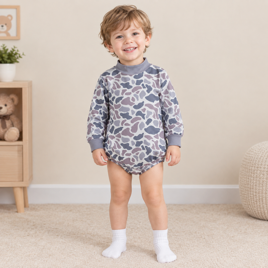 NEW RTS NO MOQ milk silk LR3260 Baby Boys High Neck Long Sleeve Light Grey Camo Casual Rompers