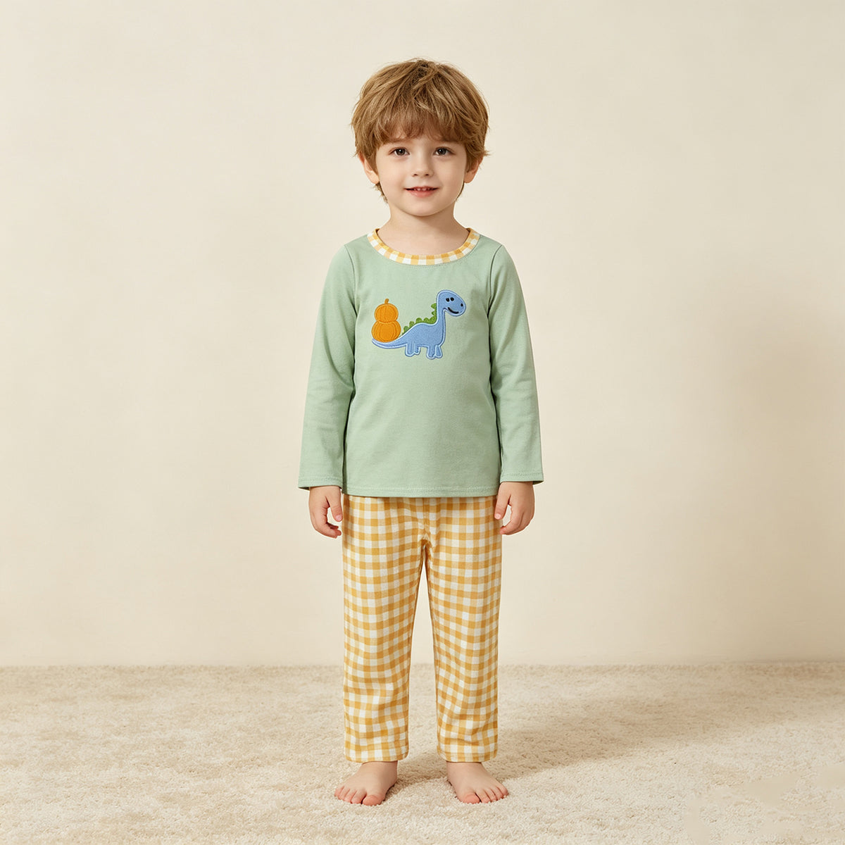 NEW RTS NO MOQ milk silk BLP1515 Embroidery Pumpkin Dinosaurs Baby Boys Top Checked Pants Fall Set