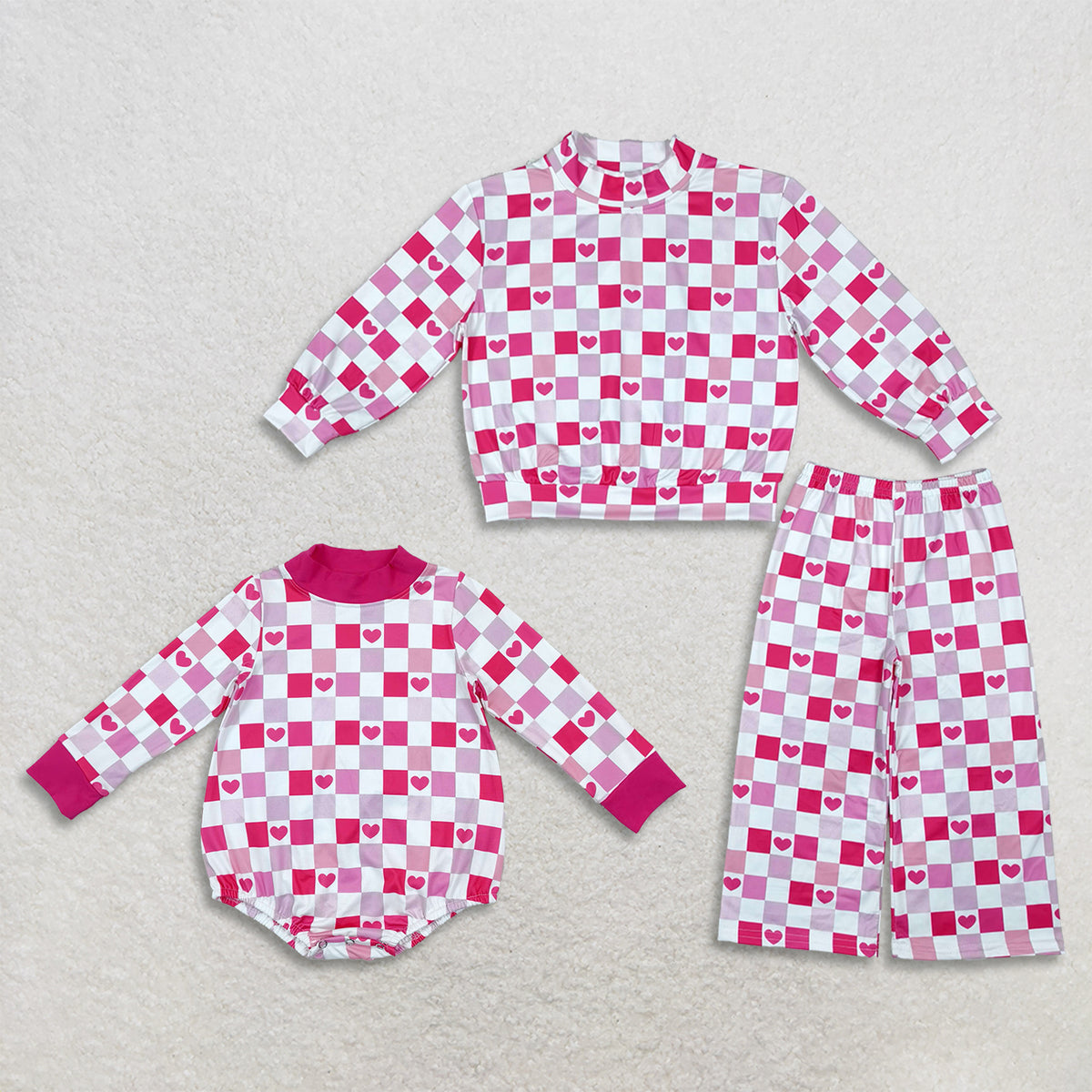 RTS NO MOQ Sibling milk silk High Neck Baby Girls Pink Checkerboard Heart Print Mock Neck Bubble Romper Long Sleeve Top Wide Leg Pants Set