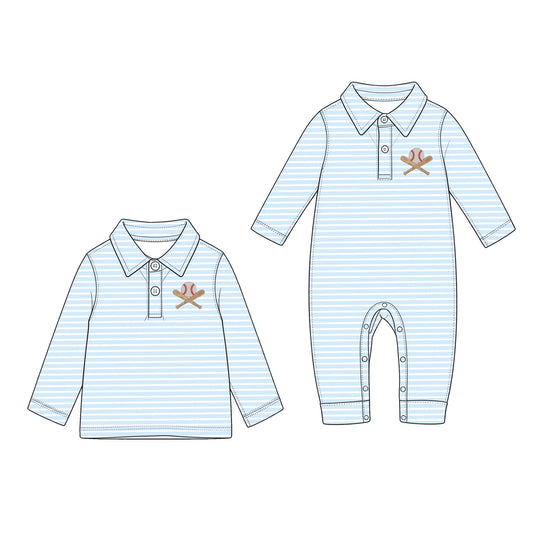 (Preorder new) No moq Baby Boys Light Blue Striped Long Sleeve Polo Shirt And Baseball Embroidery Romper Set