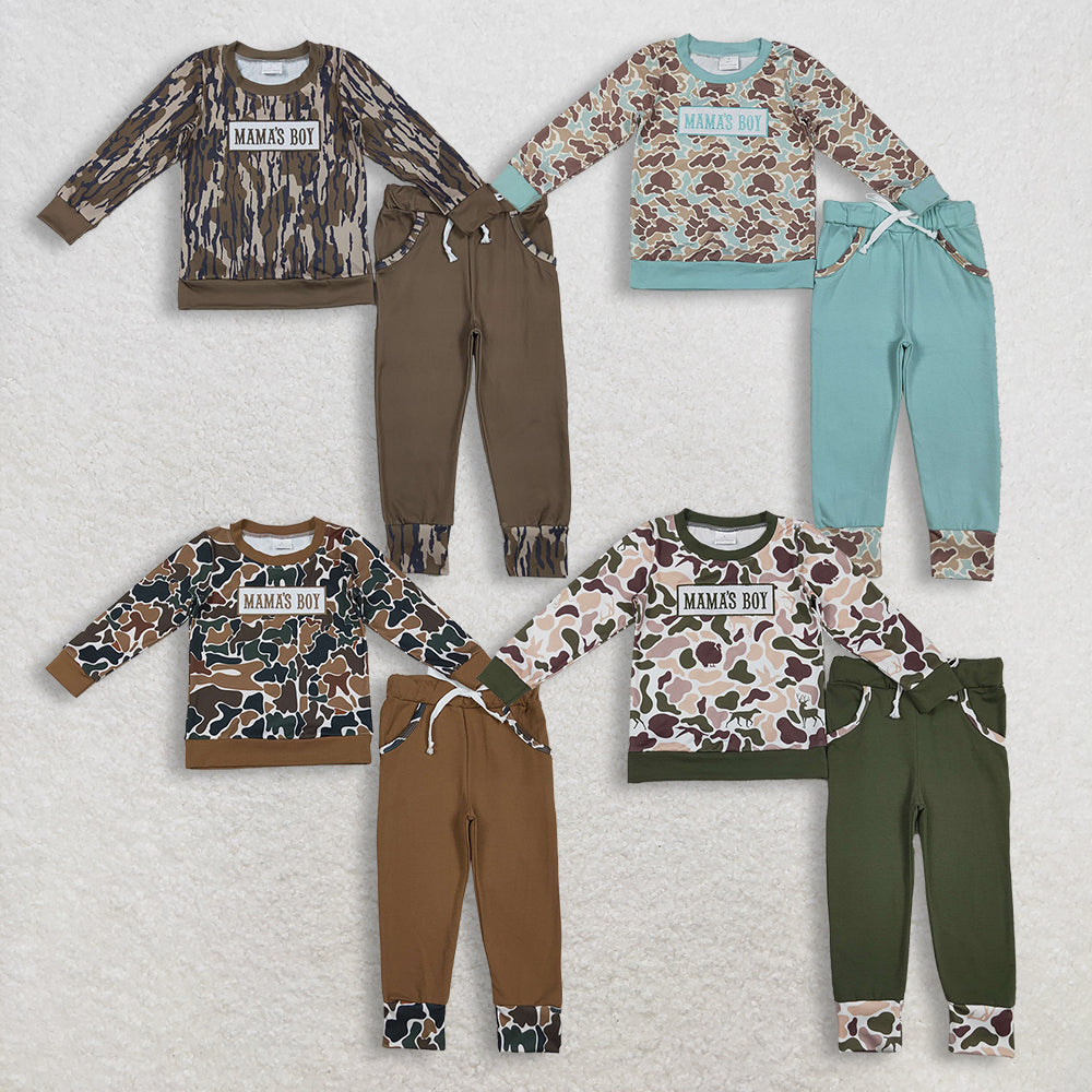 RTS NO MOQ Sibling baby boy clothes Embroidered Mama's Boy Brown-Green Camouflage Beige Long-Sleeve Pants Suits