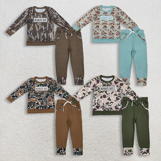 RTS NO MOQ Sibling baby boy clothes Embroidered Mama's Boy Brown-Green Camouflage Beige Long-Sleeve Pants Suits