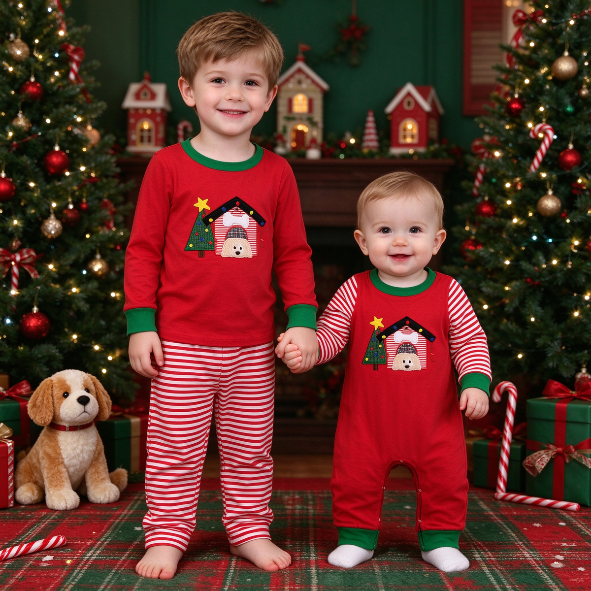 Baby Toddler Matching Christmas Sleepwear, Puppy In Dog House Xmas Tree Applique, Red & Red White Striped Kids Pajama Set & Newborn Romper