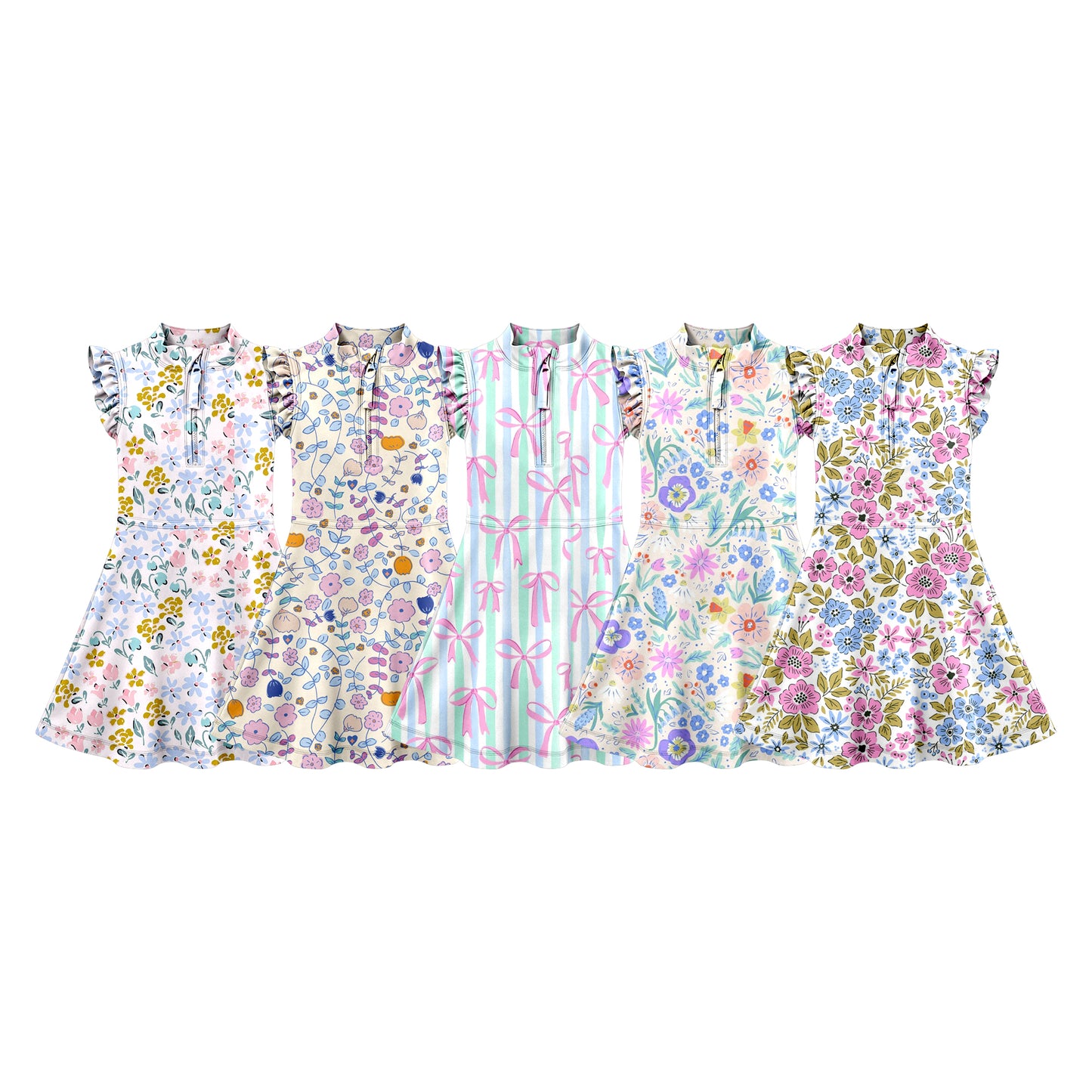 4.9 Custom moq 5 mix size Sibling Baby Girls Colorful Flowers Sleeveless Knee-Length Zipper Yoga Dress