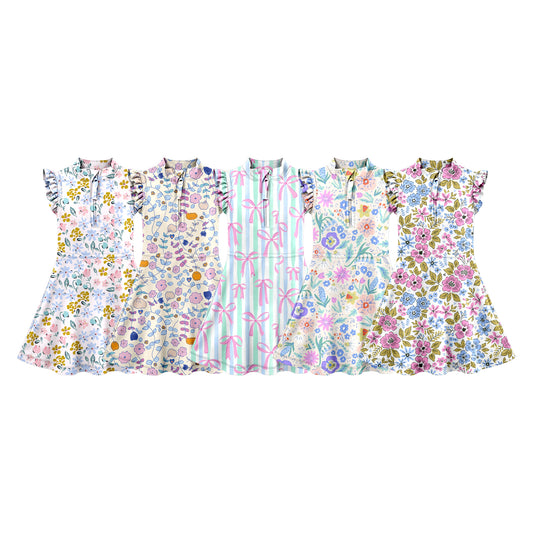 4.9 Custom moq 5 mix size Sibling Baby Girls Colorful Flowers Sleeveless Knee-Length Zipper Yoga Dress