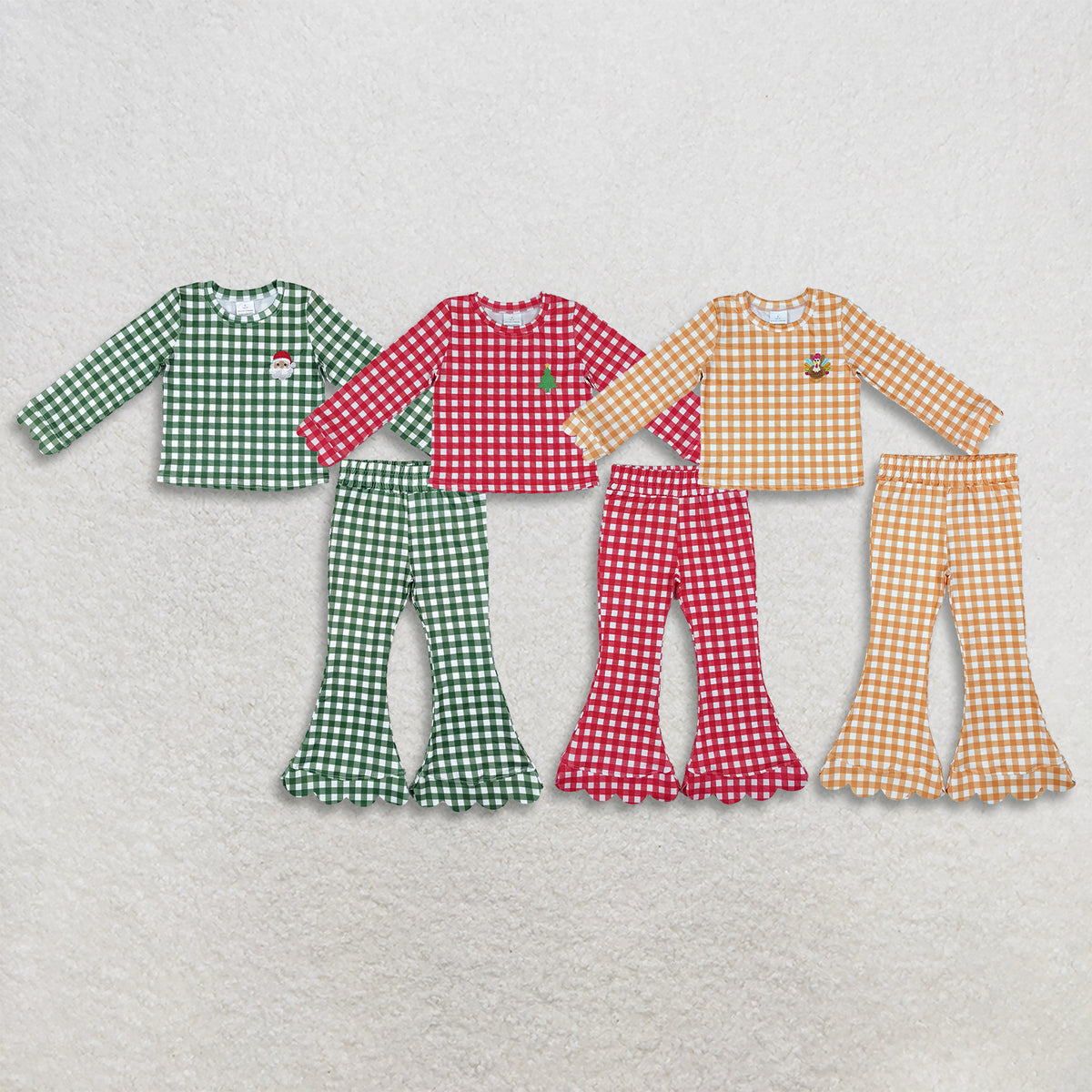 RTS NO MOQ Sibling milk silk Baby Girls Gingham Holiday Embroidered Long Sleeve Top Scallop Bell Bottom Pants Set