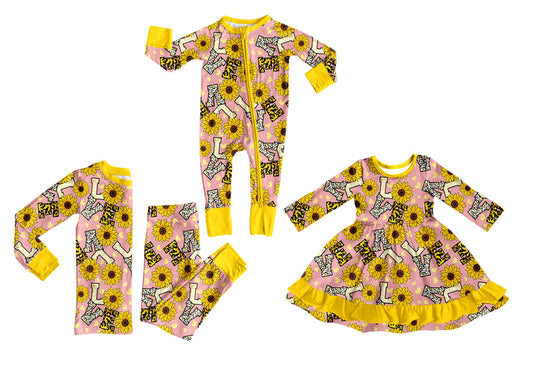 25.10.13 custom each style moq 5 eta 6-8week Sibling Sisters LOVE sunflower baby girl long sleeve pants sets and dress and rompers match family design