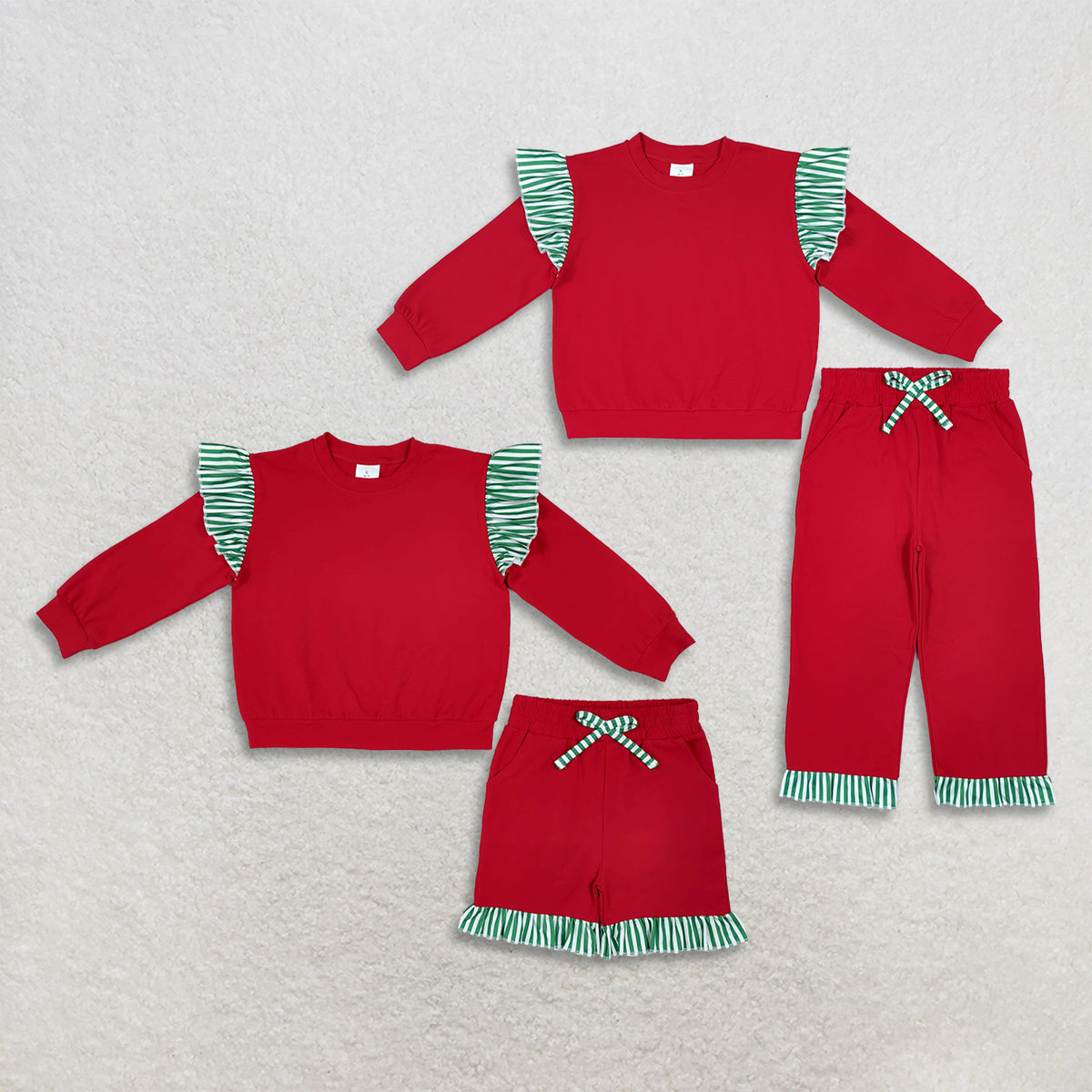 RTS NO MOQ Sibling milk silk Baby Girls Christmas Red Long Sleeve Top With Green Stripe Ruffle Shorts And Pants Sets