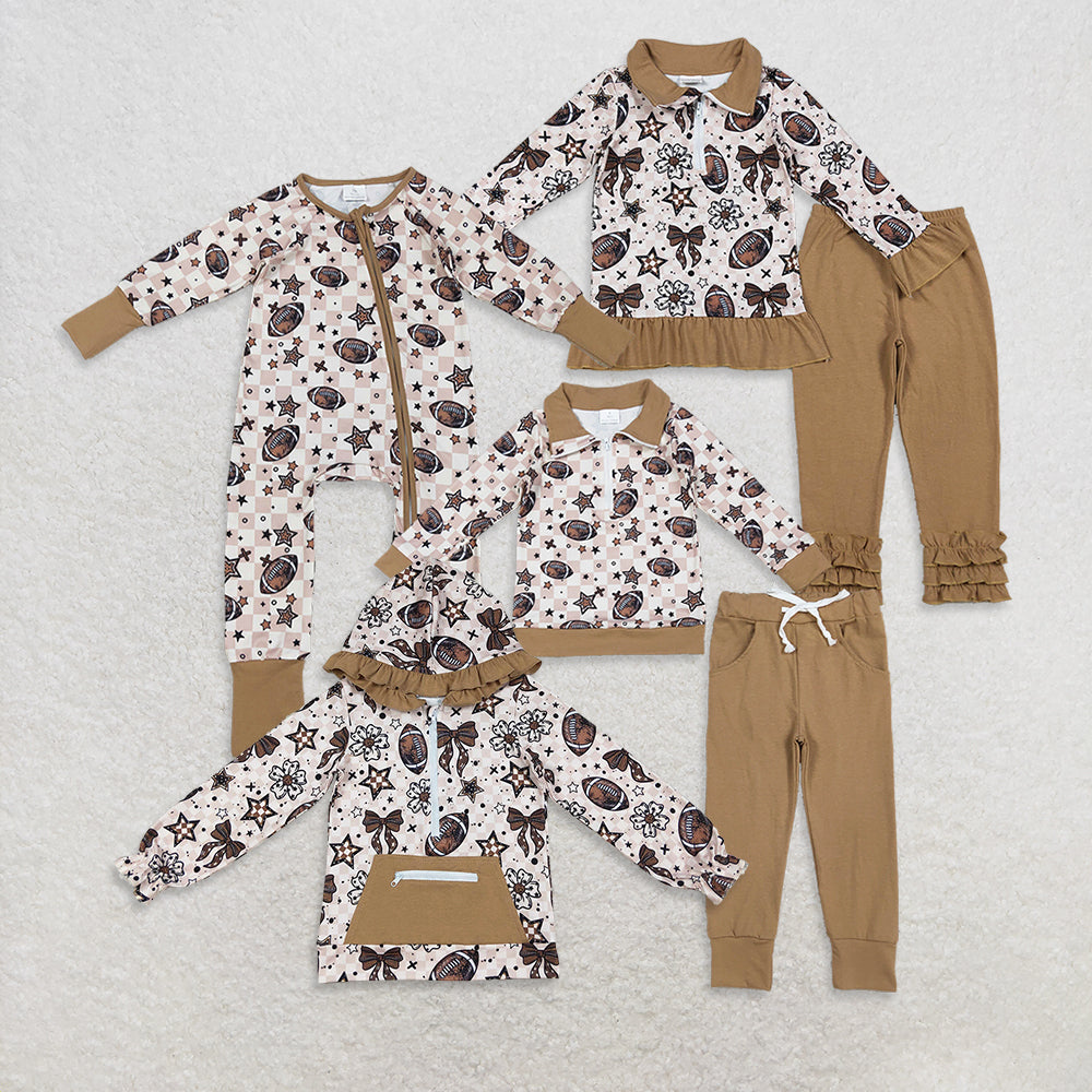 RTS NO MOQ Sibling Baby boys girl clothes rugby bow long-sleeved trousers suit & rompers and top