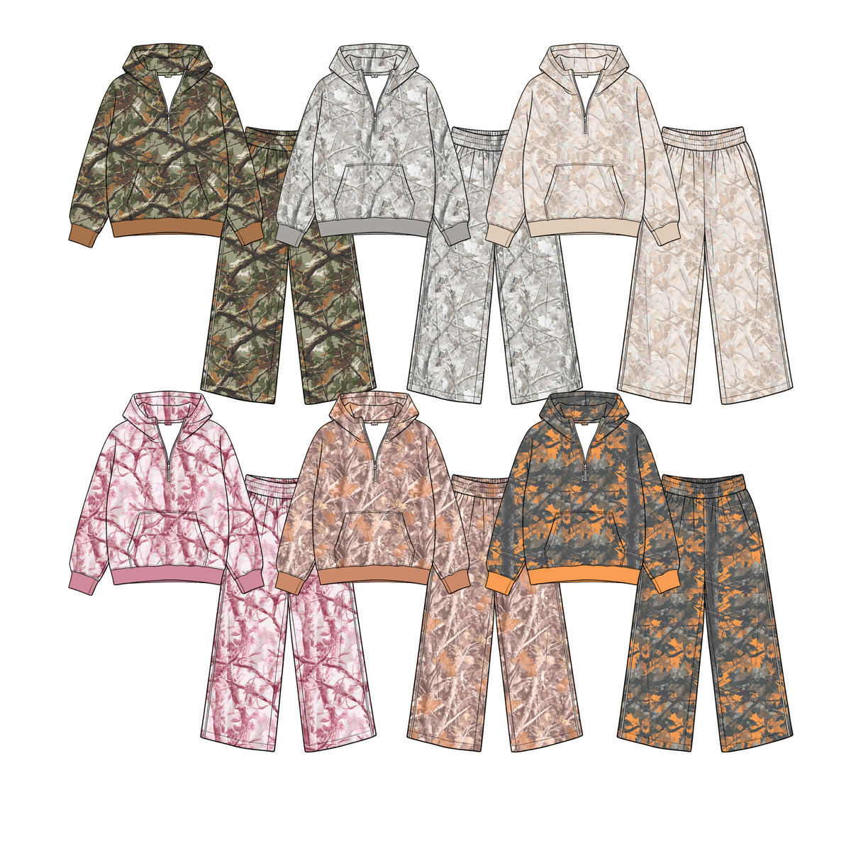 (Preorder new) No moq Baby Girls Camo Zip Pocket Hoodie Flare Pant Clothes Sets Casual Outfit
