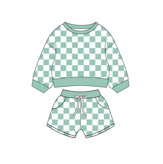 10.27 custom each style moq 5eta 4-6week baby girls clothes green and white plaid long sleeve shorts sets