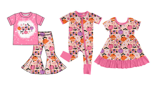 25.7.10 custom each style moq 5eta 4-6week Sibling Sisters pumpkin baby girl long sleeve pants sets and dress and rompers match family design
