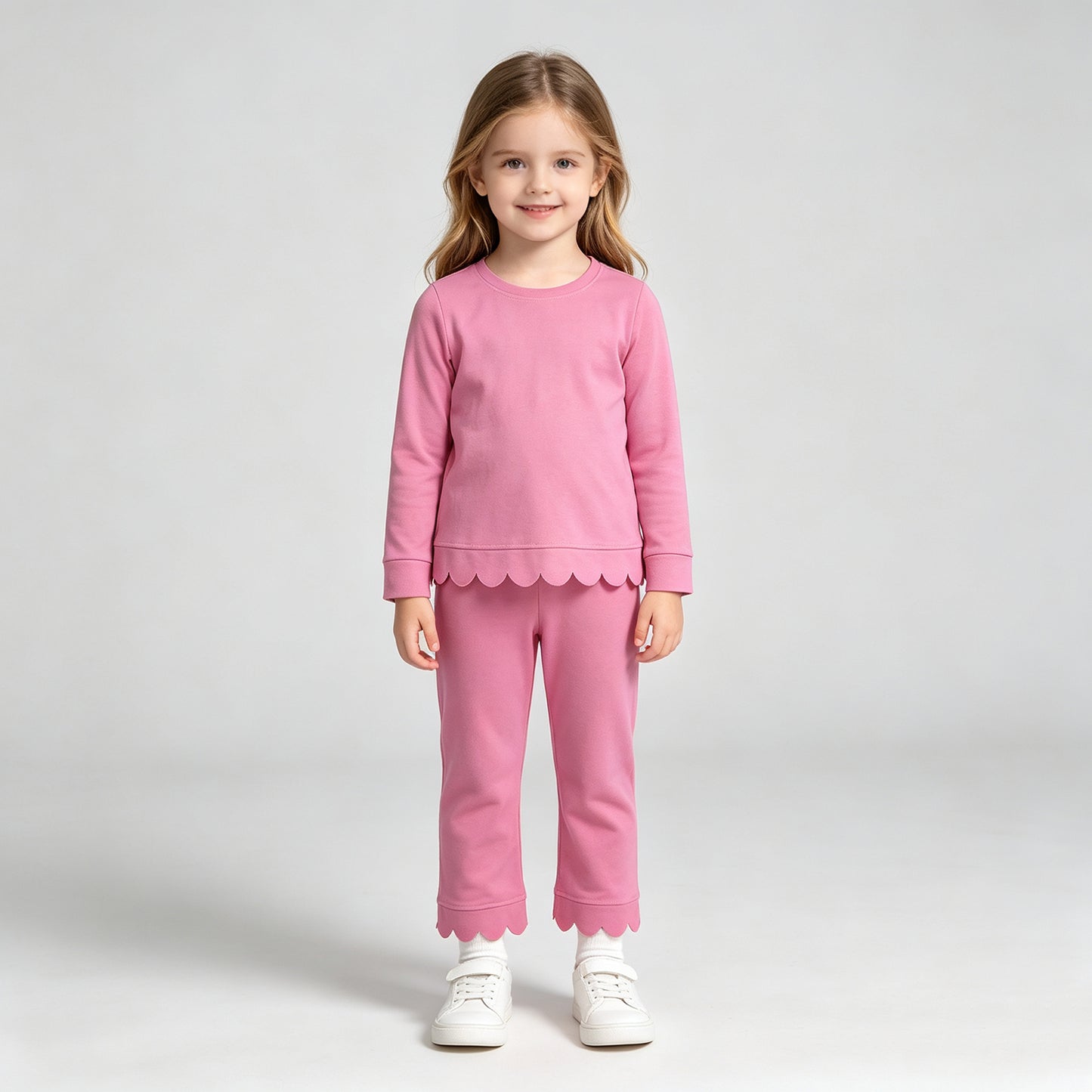 NEW RTS NO MOQ milk silk GLP3294 Baby Girls Pink Long Sleeve Top Pants Scallop Pajamas Clothes Sets