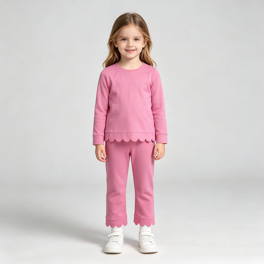 NEW RTS NO MOQ milk silk GLP3294 Baby Girls Pink Long Sleeve Top Pants Scallop Pajamas Clothes Sets