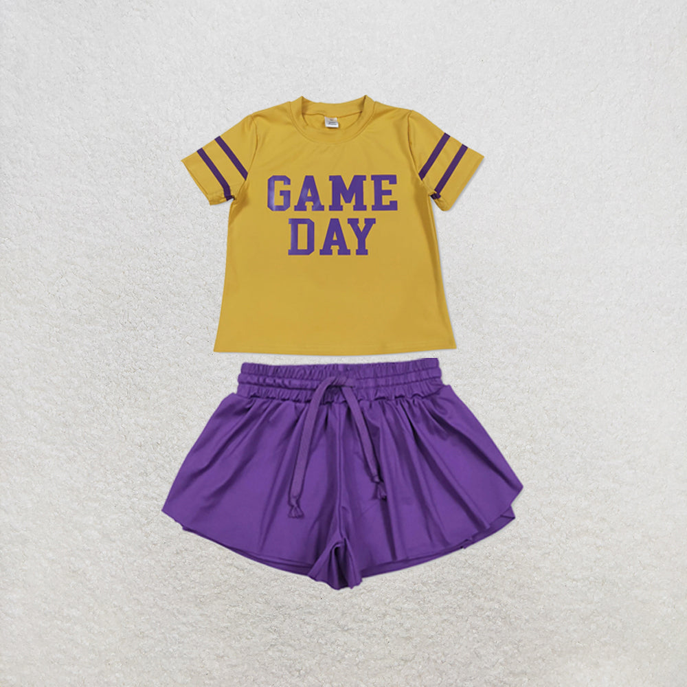 RTS NO MOQ Sibling yoga fabric Baby Girls Vinyl Purple Game Day Print Top Matching Shorts Two Piece Team Active Clothes Set