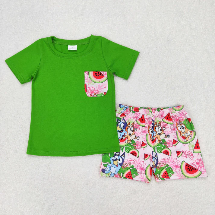 RTS NO MOQ Baby Girls Watermelon Dogs Sibling Brother Rompers Clothes Sets