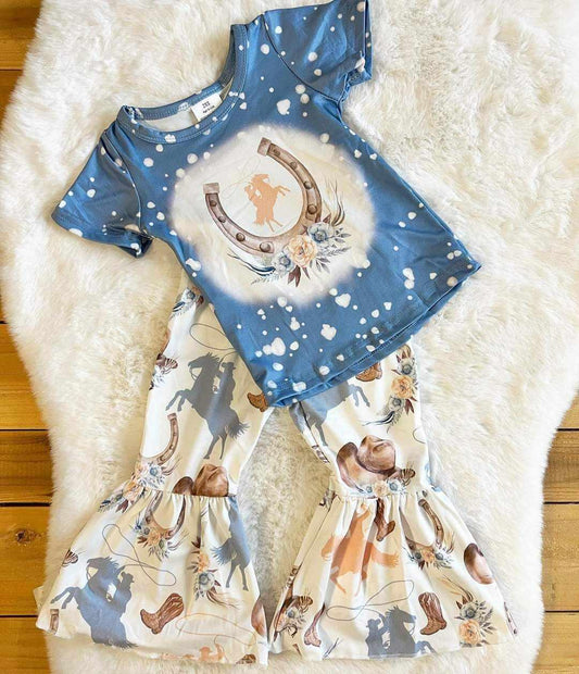 GSPO0410 Girls Boots Hat Floral Blue Short Sleeve Trousers Set