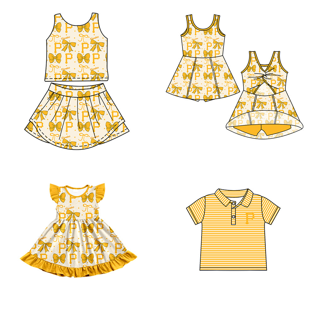 Custom moq 5 mix size milk silk summer teams baby girls clothes team bow yellow sleeveless skirts sets and dress 1 and dress 2 and top-25.6.21