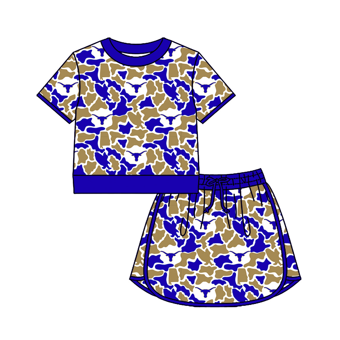 Custom moq 5 mix size summer teams Baby Girls Summer Casual Camouflage Short Sleeve Top And Skirt Outfit