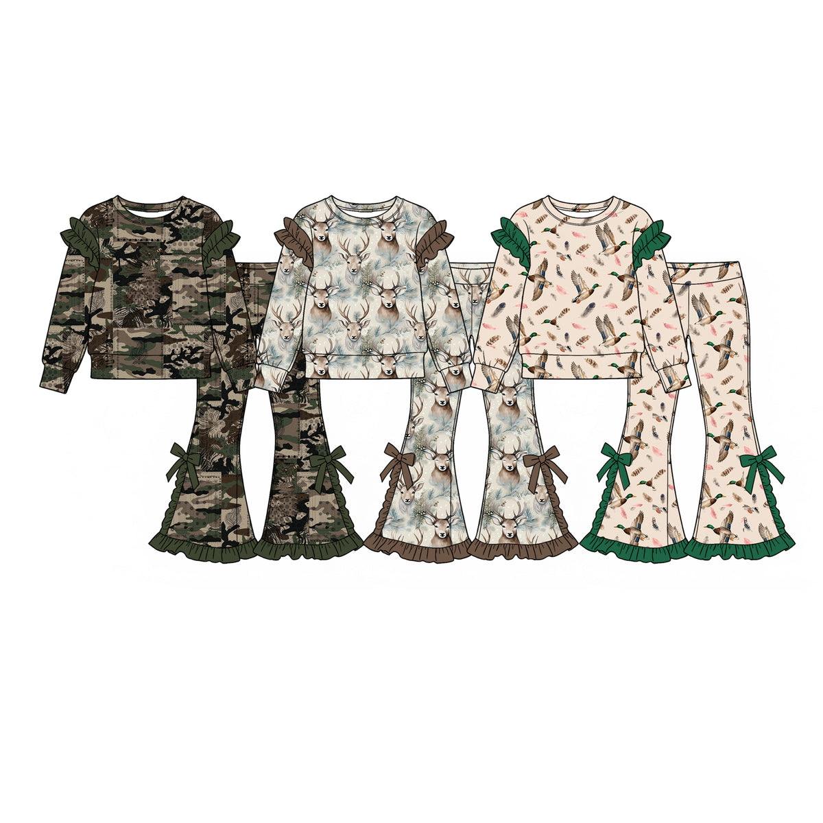 (Preorder new) No moq Toddler Girls Long Sleeve Ruffle Sweatshirt And Flare Bell Bottom Pant Set