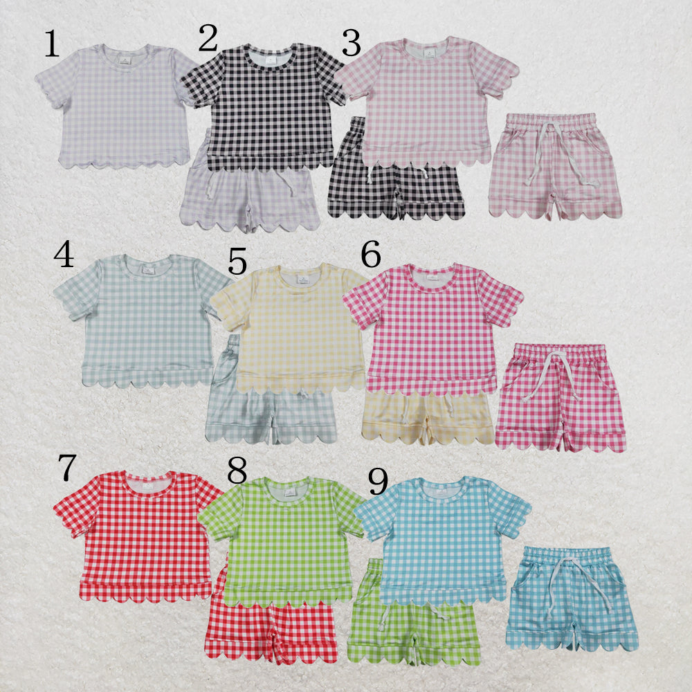 RTS NO MOQ Sibling milk silk Sibling Baby Girls Colorful Checked Scallop Shirts Top Pockets Short Pajamas Clothes Sets