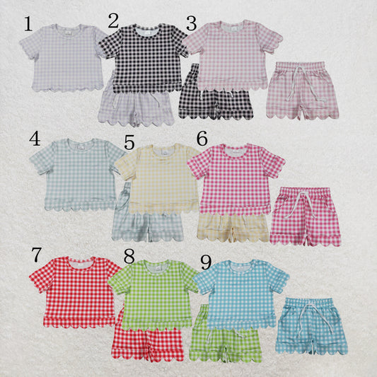 RTS NO MOQ Sibling milk silk Sibling Baby Girls Colorful Checked Scallop Shirts Top Pockets Short Pajamas Clothes Sets