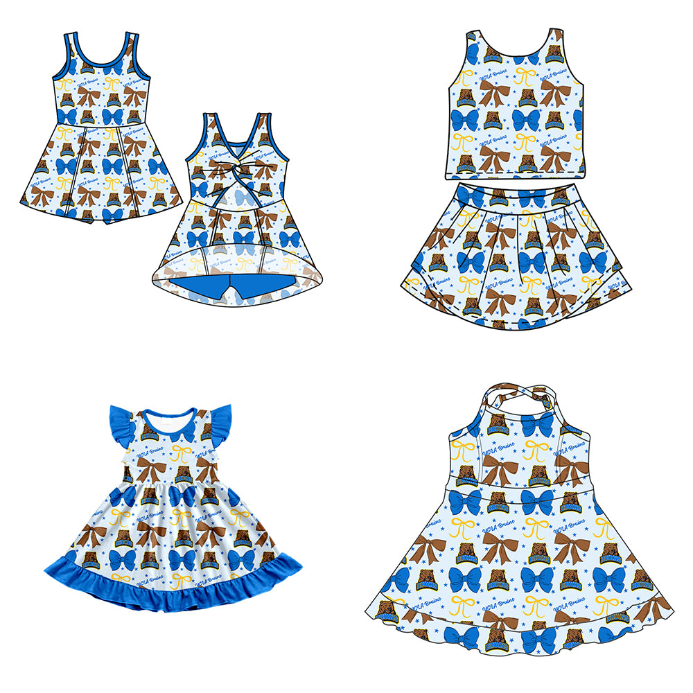 Custom moq 5 mix size milk silk summer teams baby girls clothes team bow blue sleeveless skirts sets and dress 1 and dress 2 and dress 3-25.6.25