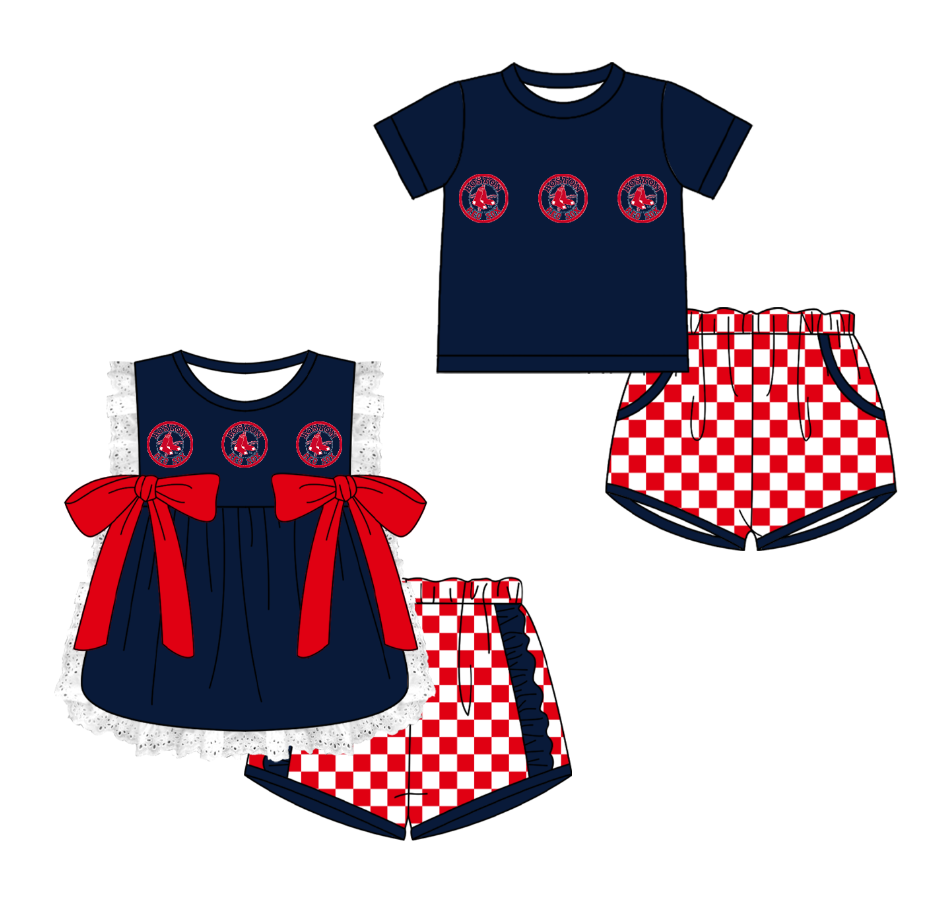 Custom moq 5 mix size milk silk summer teams Black Girl Sleeveless Top And Plaid Shorts Set with Bow Boy Short Sleeved Top And Plaid Shorts Set