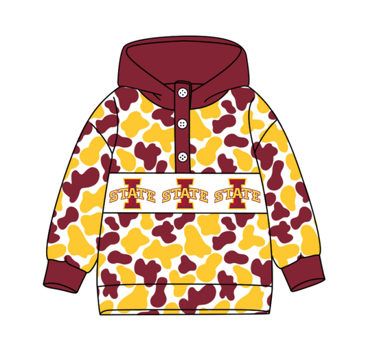 3-Custom moq 8 mix size milk silk summer team baby boy clothes camouflage dark red and yellow hooded long sleeve top-25.10.9
